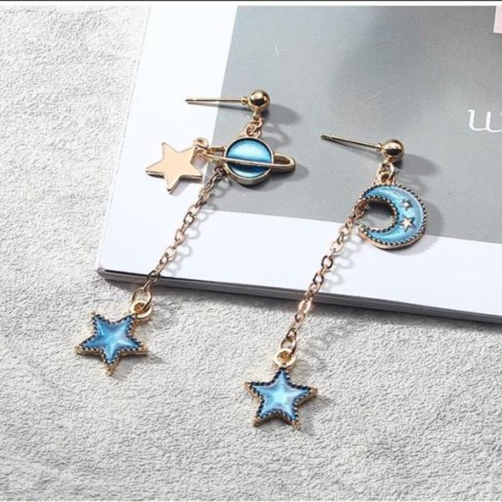 Boutique Starry Planet Moon Tassel‎ Earrings Blue Gold Celestial Dangle Earrings